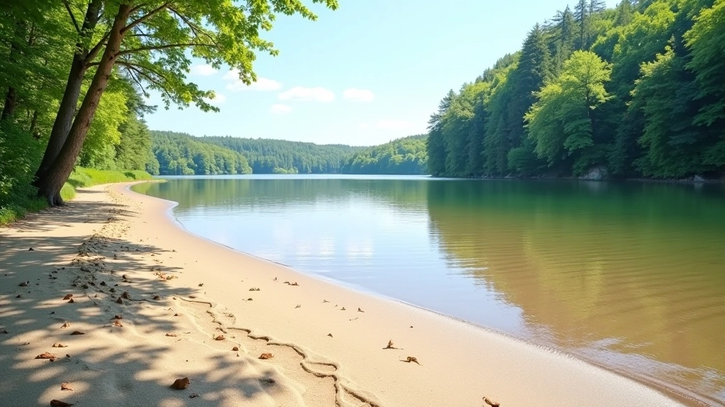 Platelių ežero pakrantė su medžiais ir smėlėtu paplūdimiu, vasaros šviesa